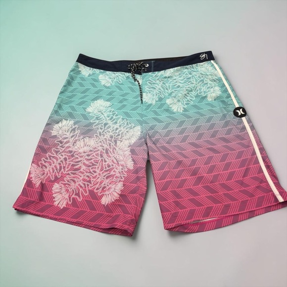 Hurley Other - Hurley Board Shorts Mens 36 Teal Magenta Ombre Chevron Floral Surf Trunks
